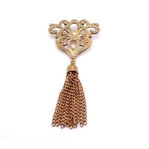 Vintage Gold Brooch Pin Tassel Scrollwork Floral Statement